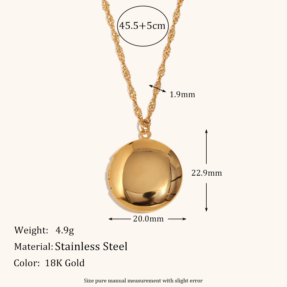 9:Round glossy photo box pendant necklace-gold