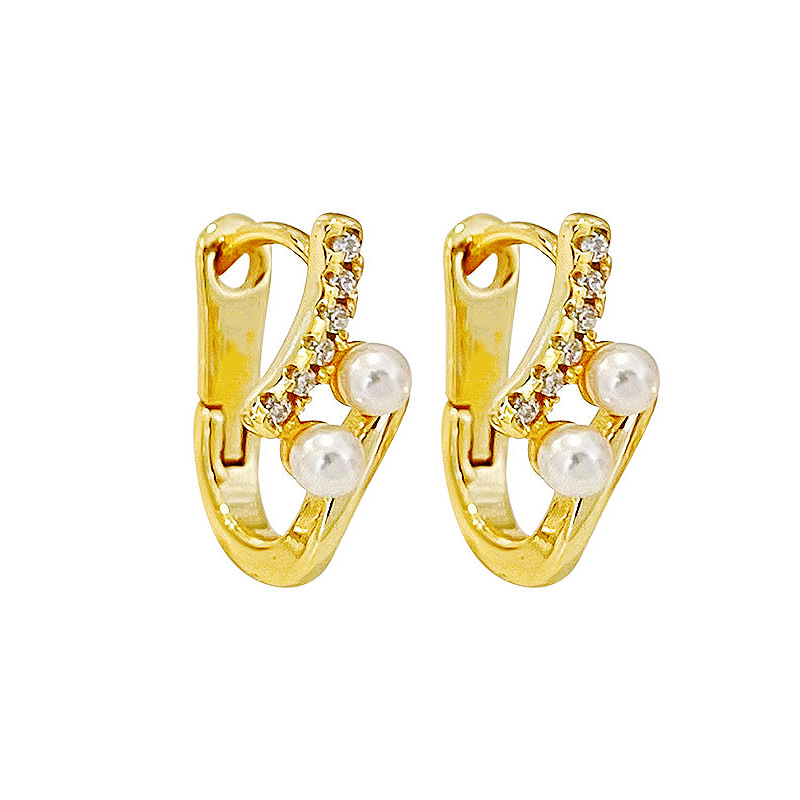 2:A pair of gold h-shaped pearl zircon earrings