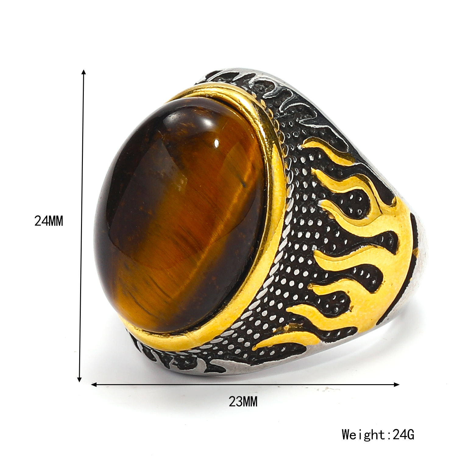 Steel and gold tiger's eye stone US Size #7
