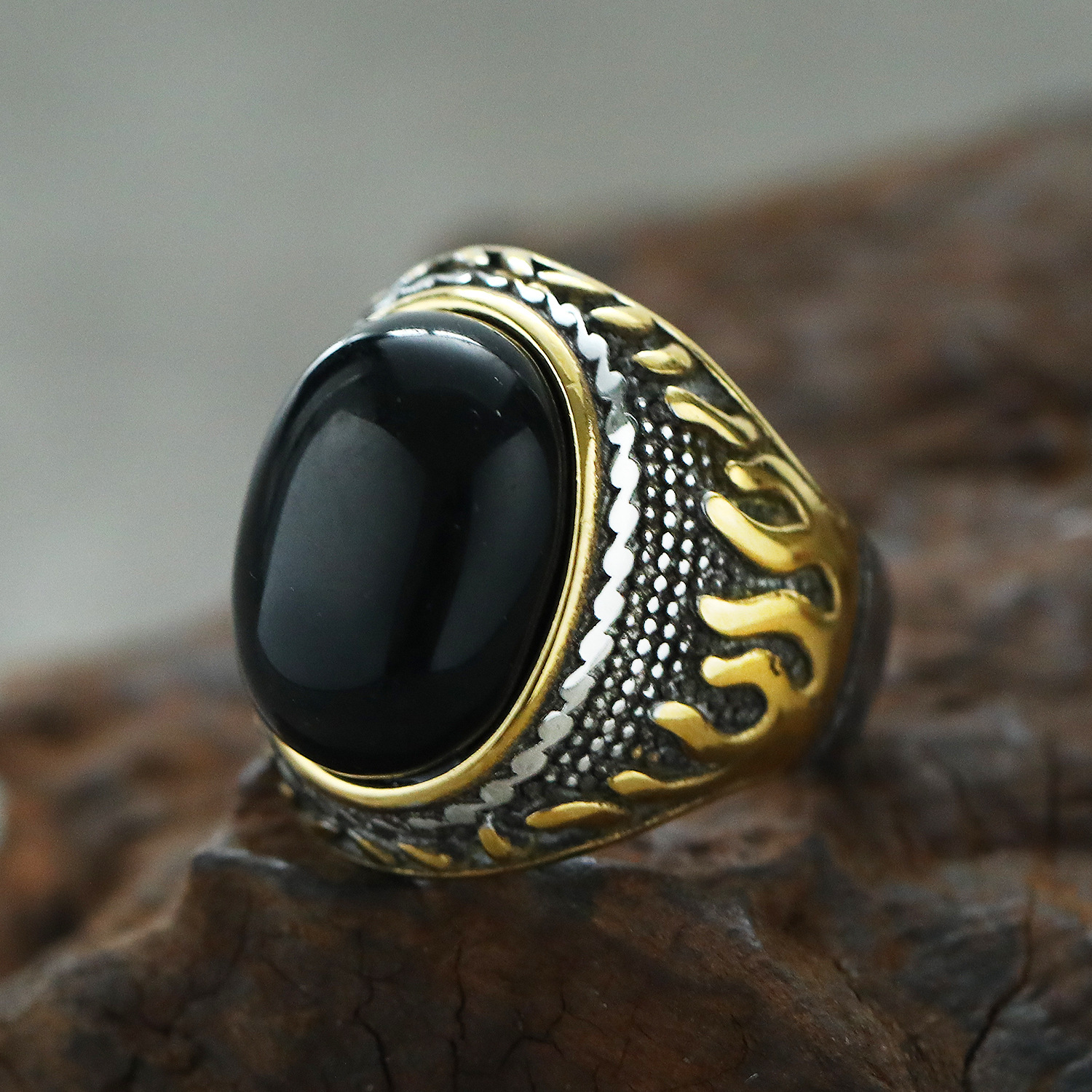 Steel and gold black stone US Size #7