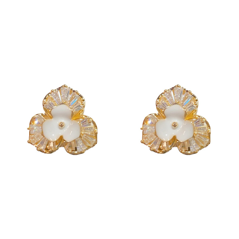 2:White full diamond three-leaf flower earrings (thick real gold plating)