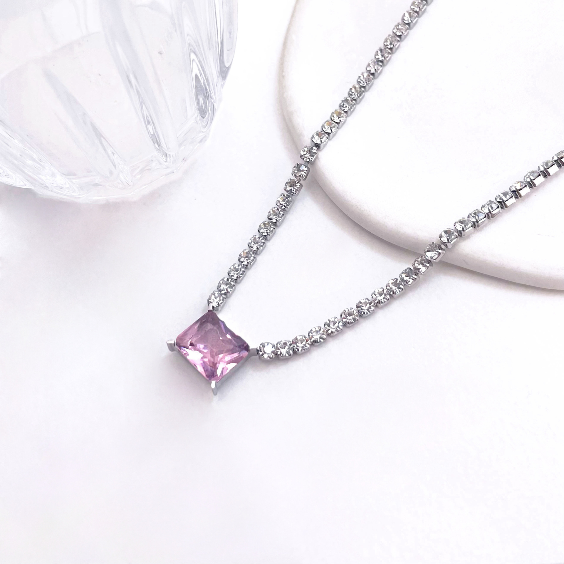 2:Square pink diamond necklace silver