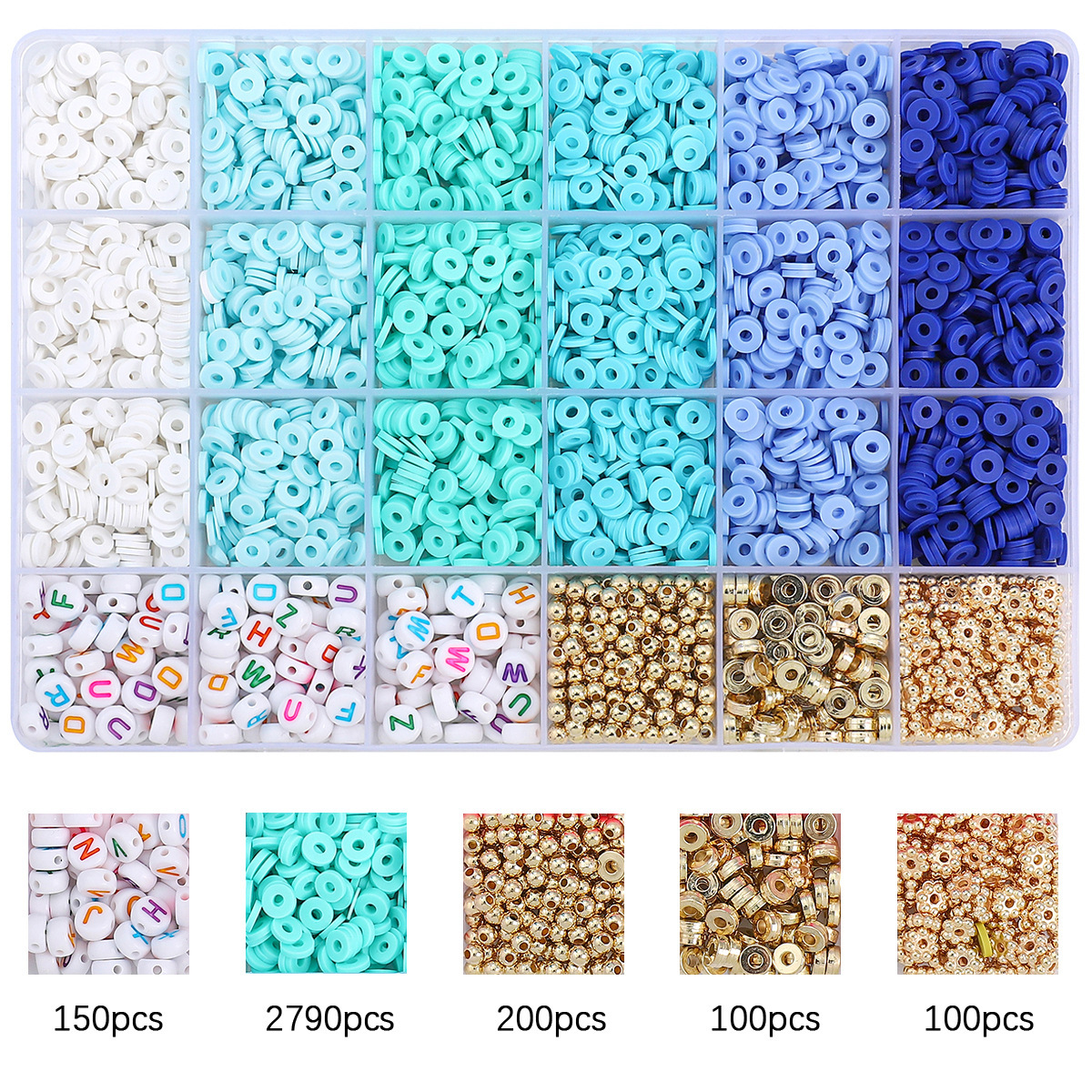 2:24 grids letter beads + accessories + gradient blue, about 3340pcs/box