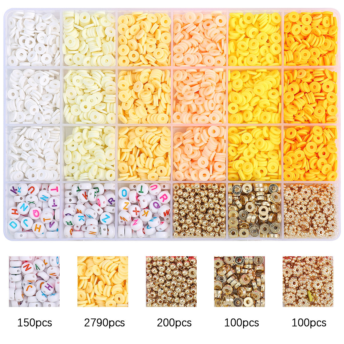 4:24 grids letter beads + accessories + gradient yellow, about 3340pcs/box