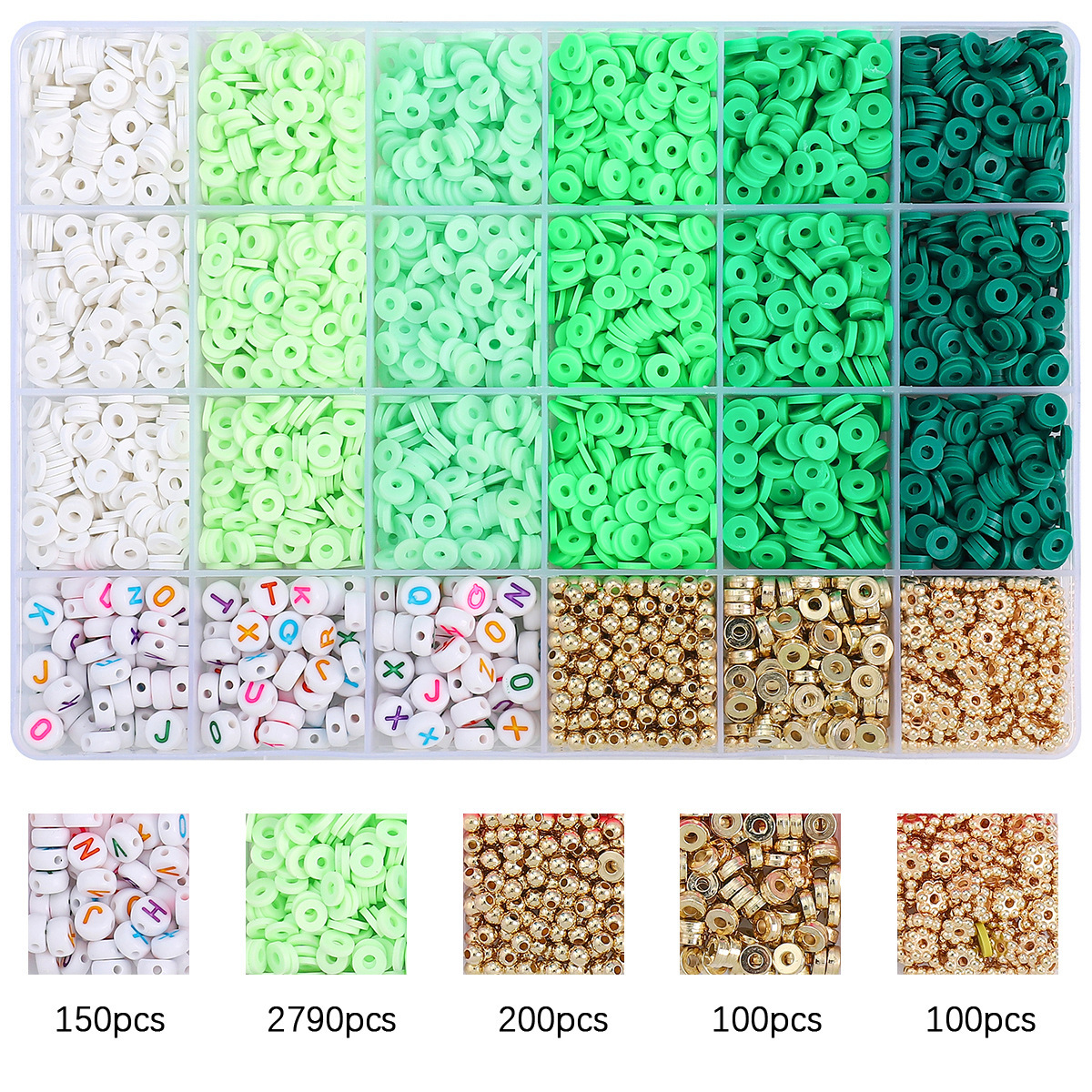 5:24 grids letter beads + accessories + gradient green, about 3340pcs/box