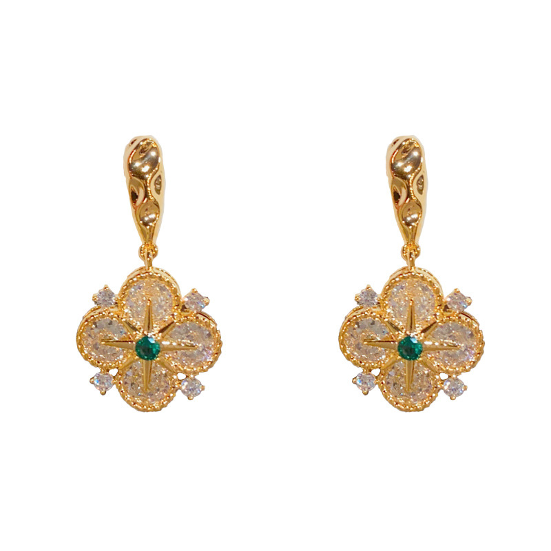 1:Gold-full diamond star four-leaf flower earrings (thick real gold plating)