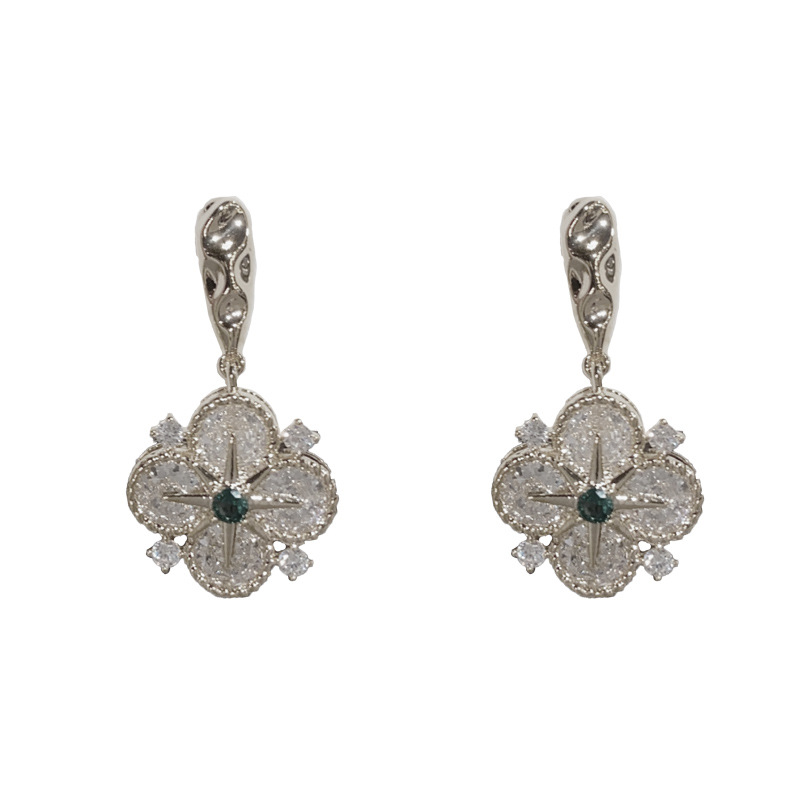 2:Silver-full diamond star four-leaf flower earrings (thick real gold plating)