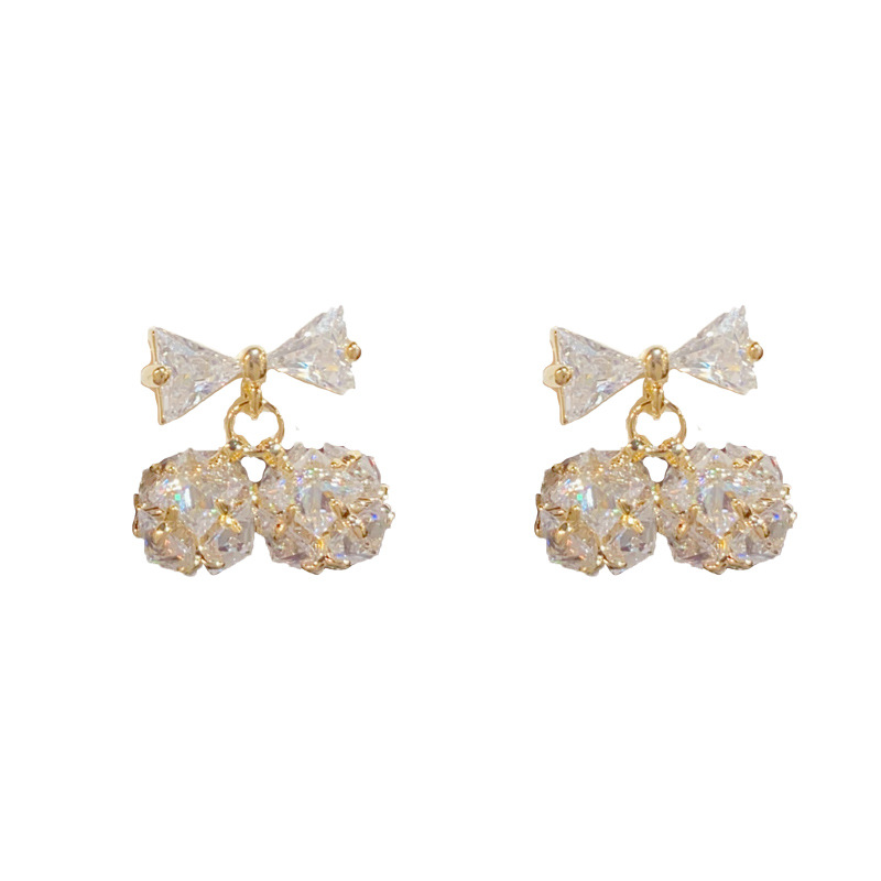 1:Gold-full diamond bow ball earrings (thick real gold plating)