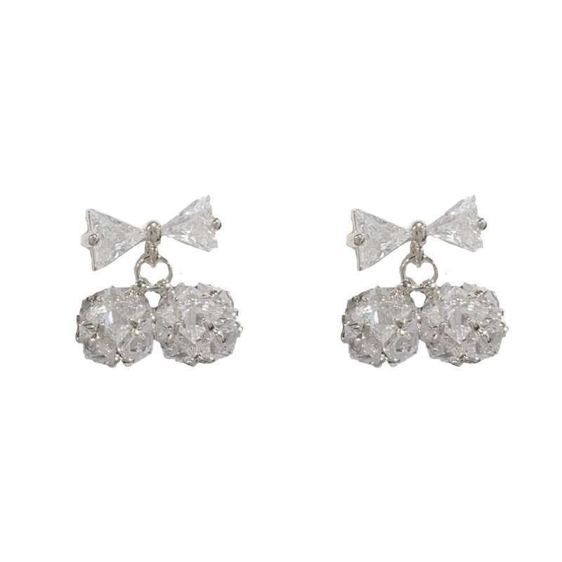 2:Silver-full diamond bow ball earrings (thick real gold plating)