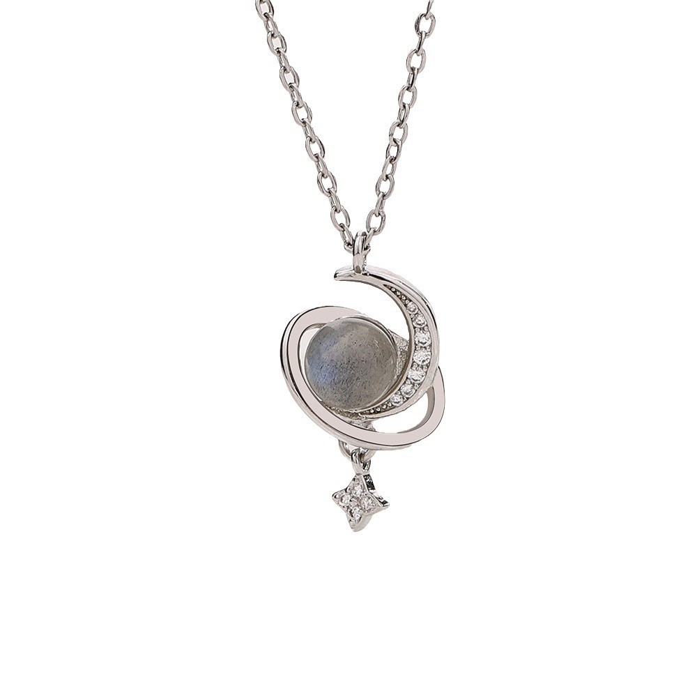 3:Grey Moonstone Star Moon Necklace (White Gold)