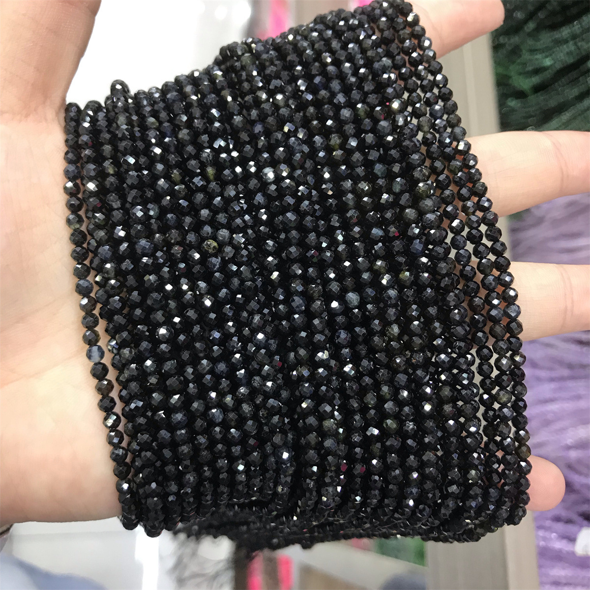 2:3mm faceted round bead black tourmaline