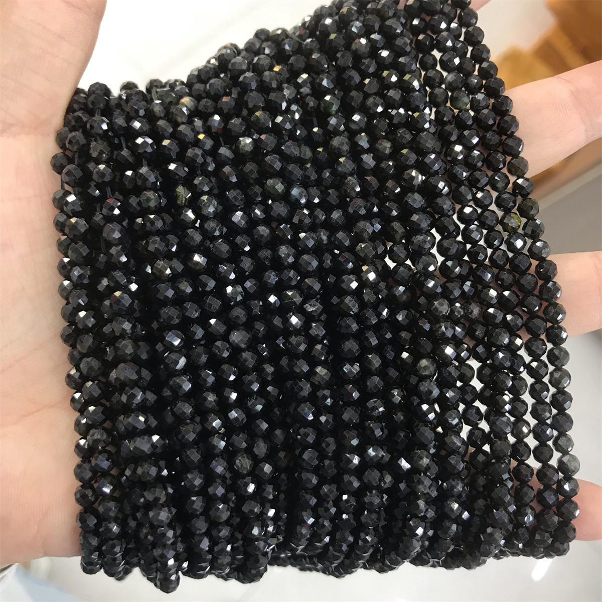 3:4mm faceted round bead black tourmaline