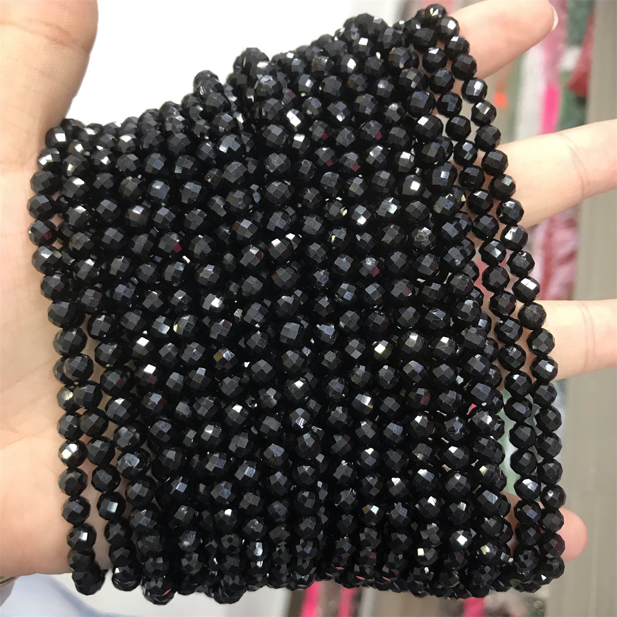 4:5mm faceted round bead black tourmaline