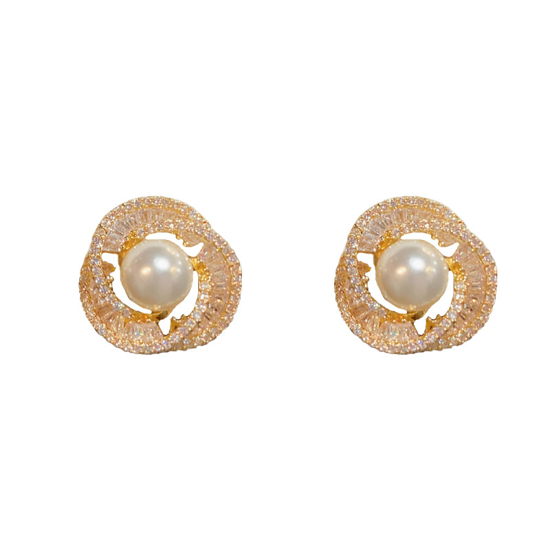 1:Gold-full diamond pearl spiral earrings (thick real gold plating)