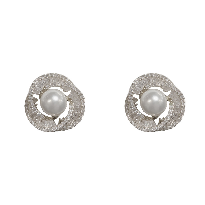 2:Silver-full diamond pearl spiral earrings (thick real gold plating)