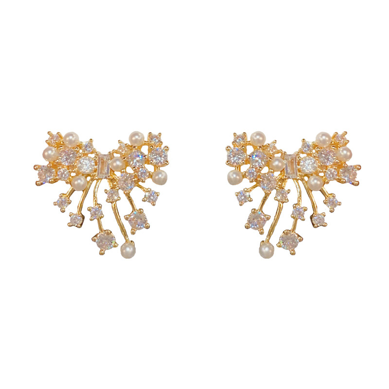 1:Gold-irregular zircon pearl bow stud earrings (thick real gold plating)