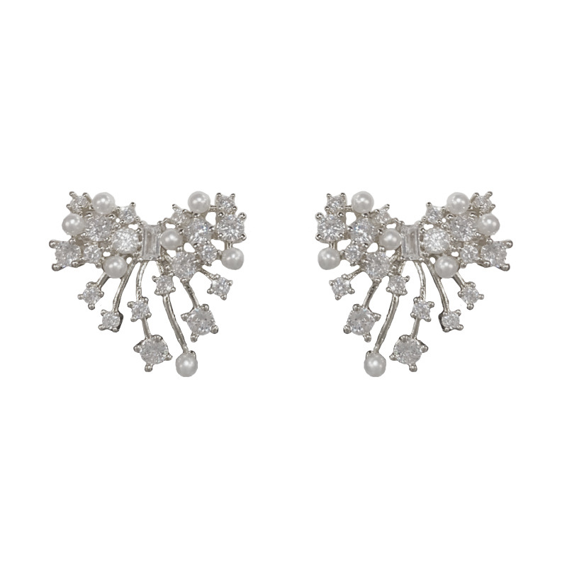 2:Silver-irregular zircon pearl bow stud earrings (thick real gold plating)