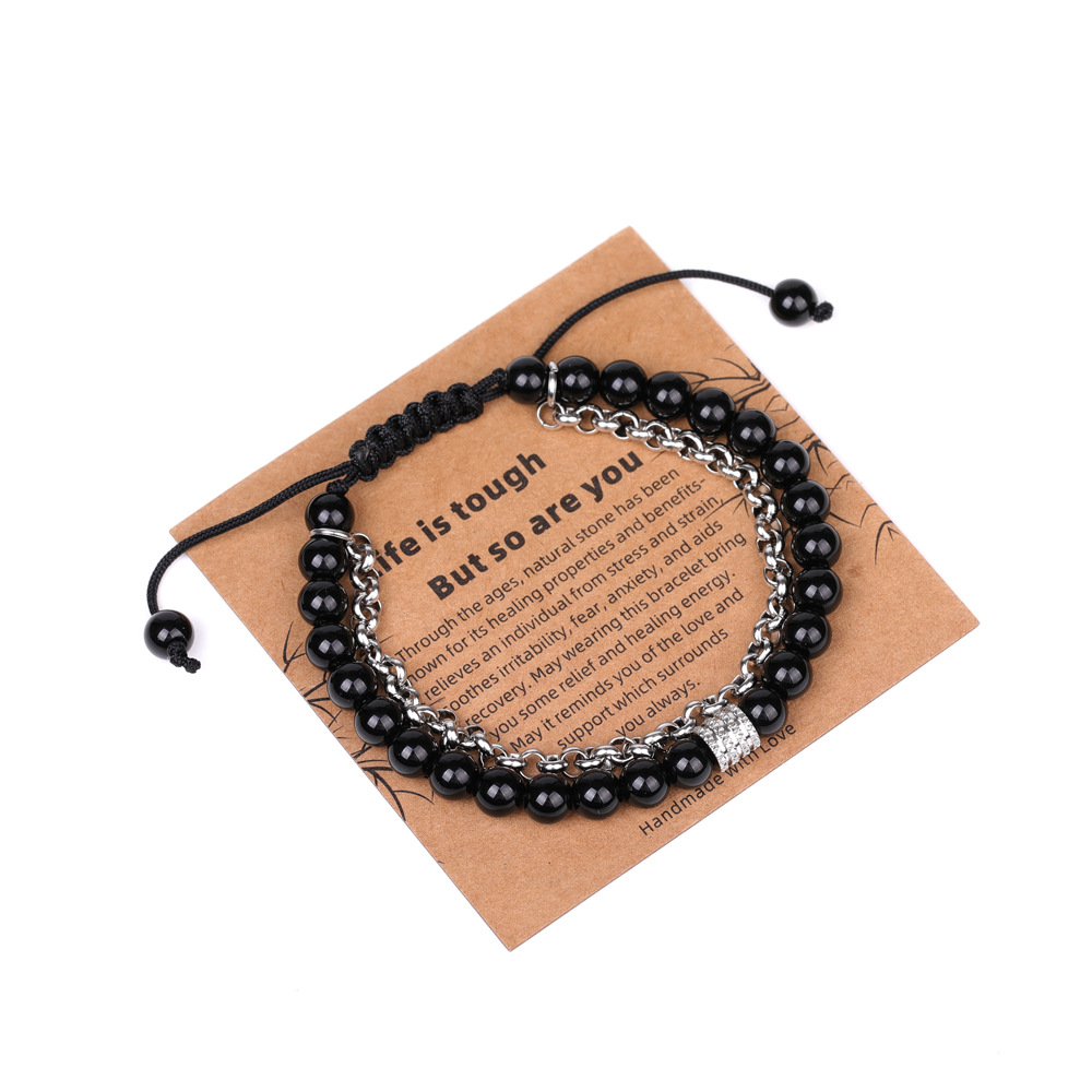 9:XH080A09 bright black stone chain 6mm woven bracelet (with card)