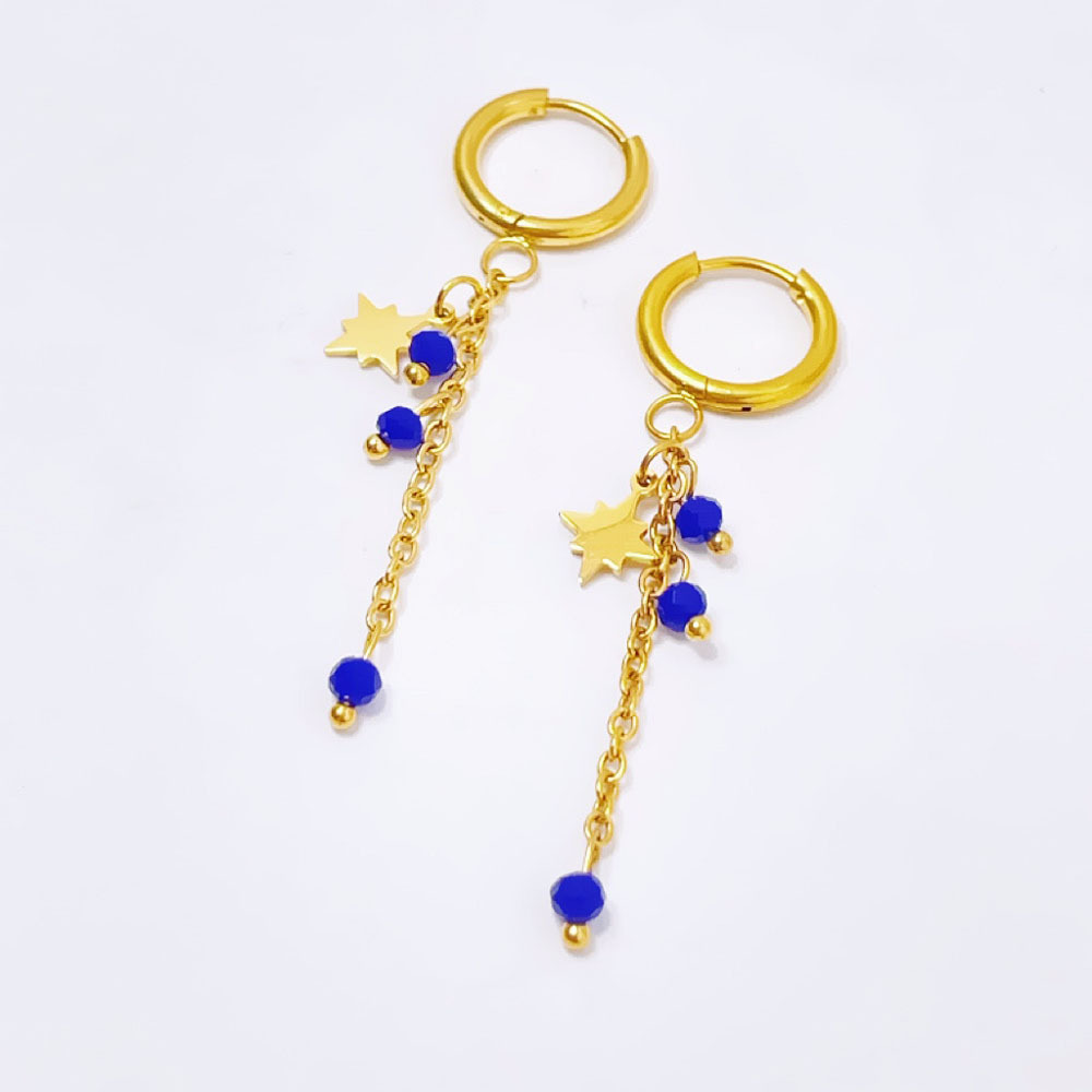 1:Stars Hanging Blue Bead Earrings Gold