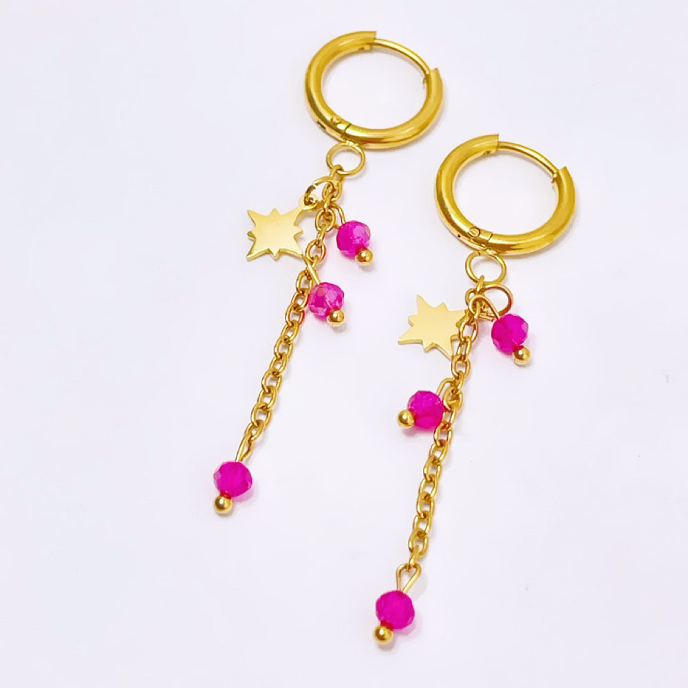 2:Star Danger Pink Bead Earrings Gold