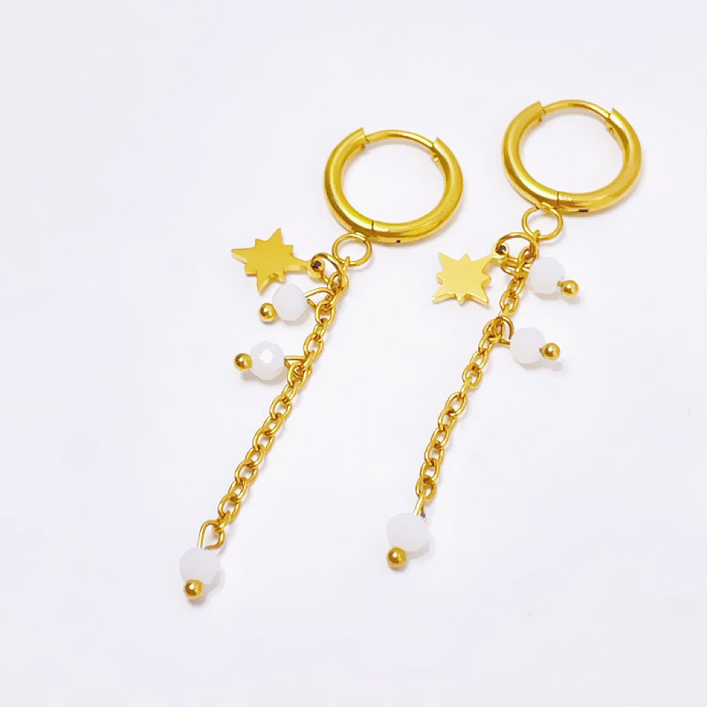 3:Star Hanging White Bead Earrings Gold
