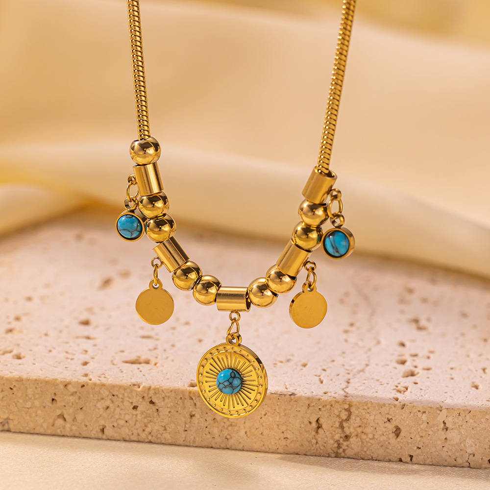 1:【tsh1009】round turquoise necklace gold
