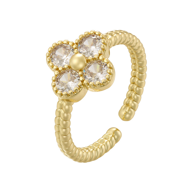 1:Golden white diamond twist edge four-leaf clover ring