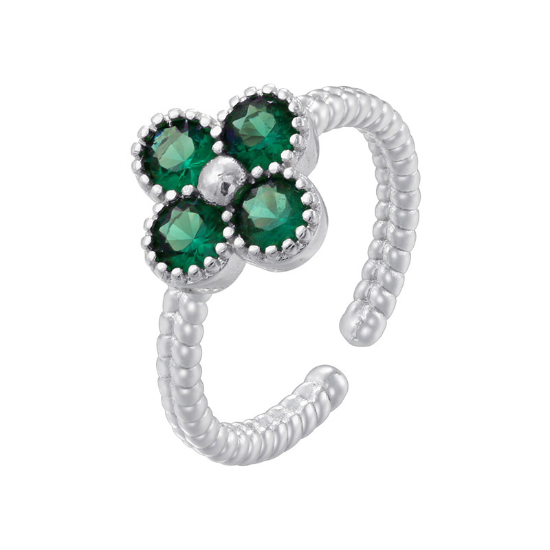 9:White gold green diamond twist edge four-leaf clover ring