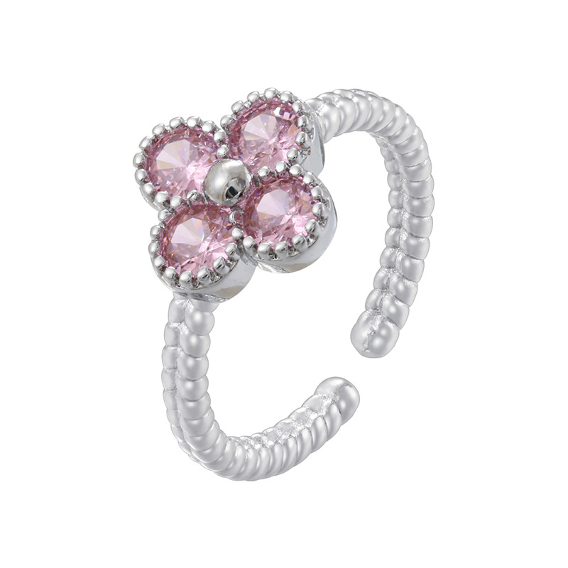 10:White gold pink diamond twist edge four-leaf clover ring