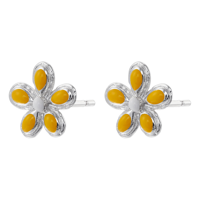 2:1 pair of white gold yellow dripping five-petal flower earrings