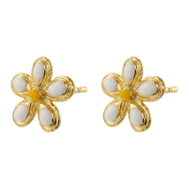 3:1 pair of golden white oil dripping five-petal flower earrings