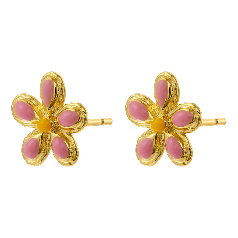 5:1 pair of golden pink oil dripping five-petal flower earrings