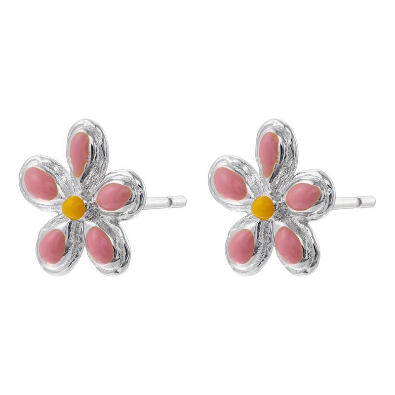 6:1 pair of white gold pink oil dripping five-petal flower earrings