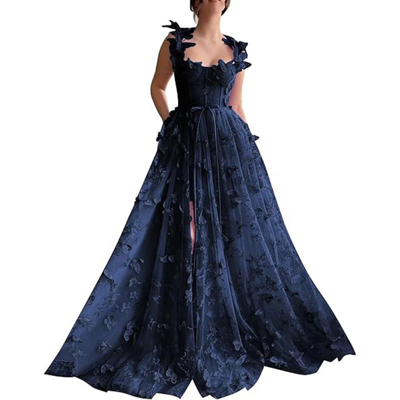 Navy blue long skirt butterfly