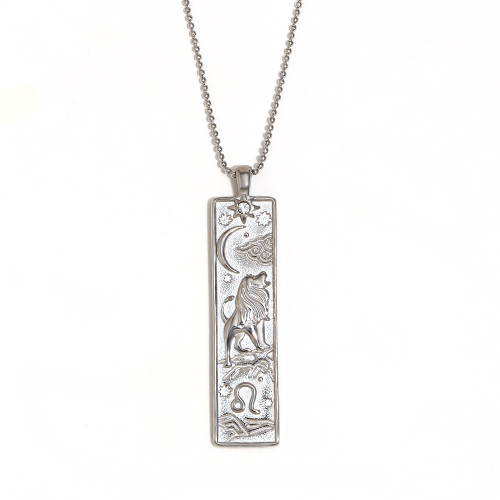 17:Square constellation pendant necklace-steel color-lion seat