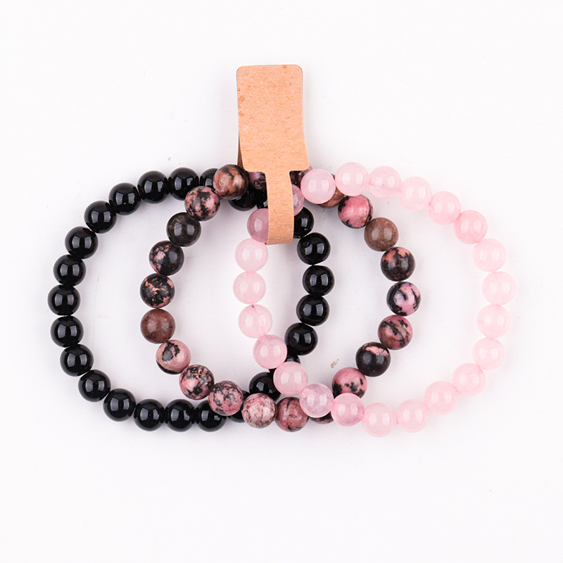 2:Pink crystal   black line red pattern   bright black agate bracelet suit (three pieces)