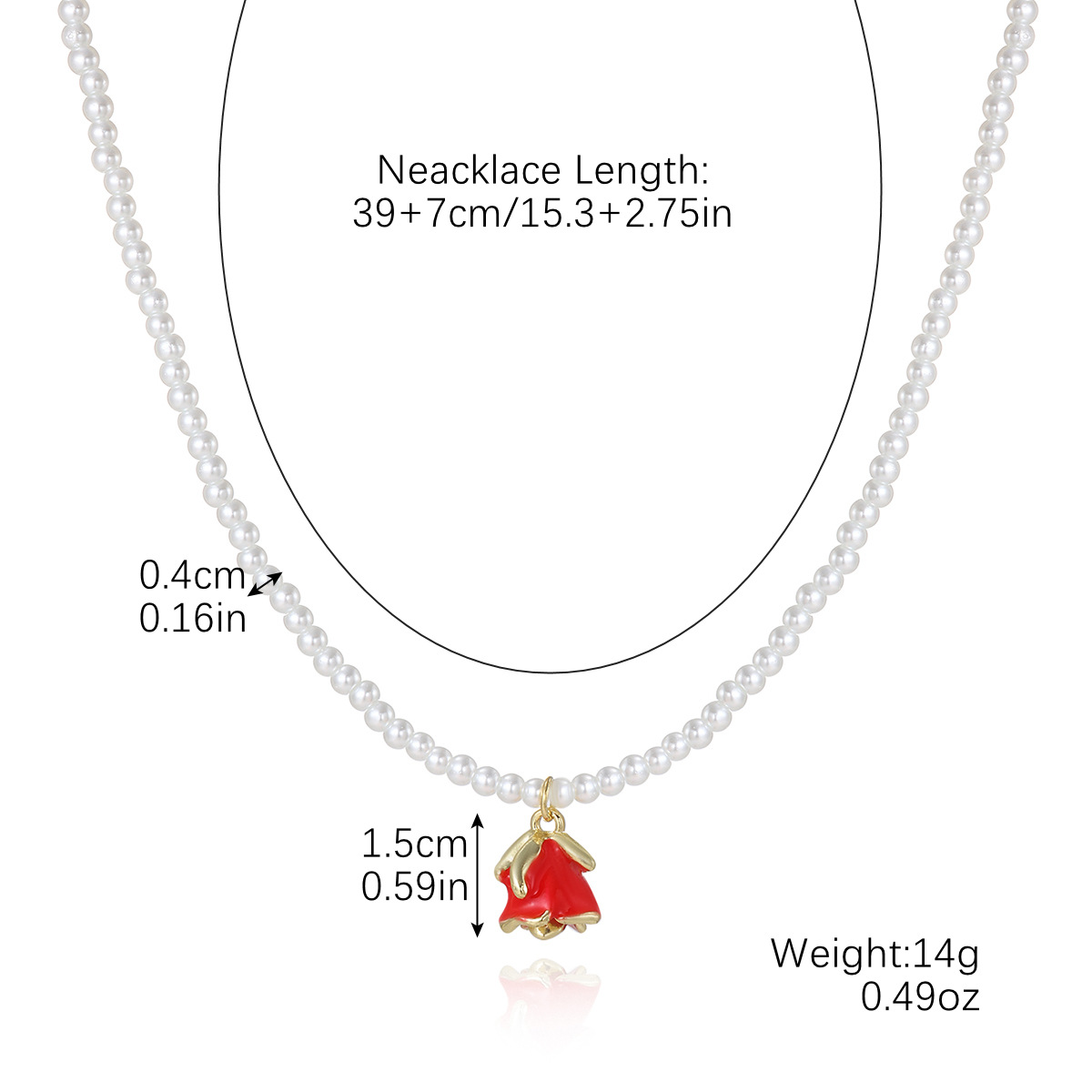 7:N2411-22 red rose pendant pearl necklace