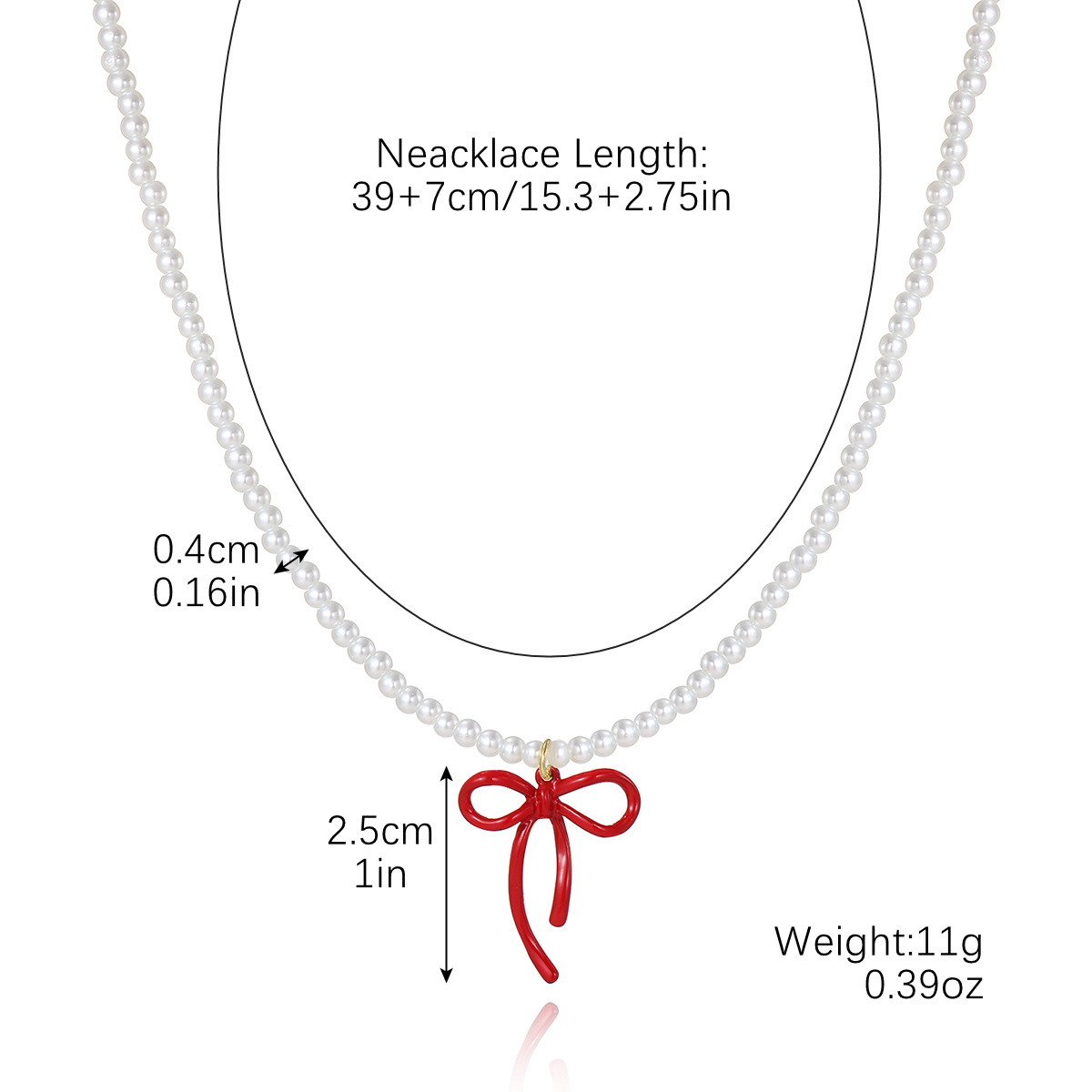 9:N2411-24 red bow pendant pearl necklace