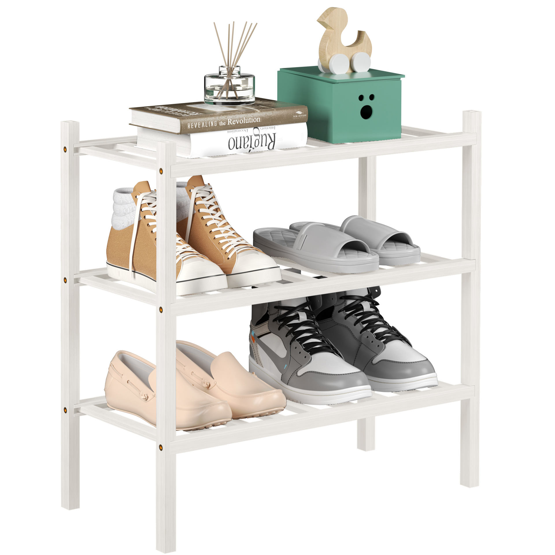 Three layers of white (two pairs of adult shoes/layer)