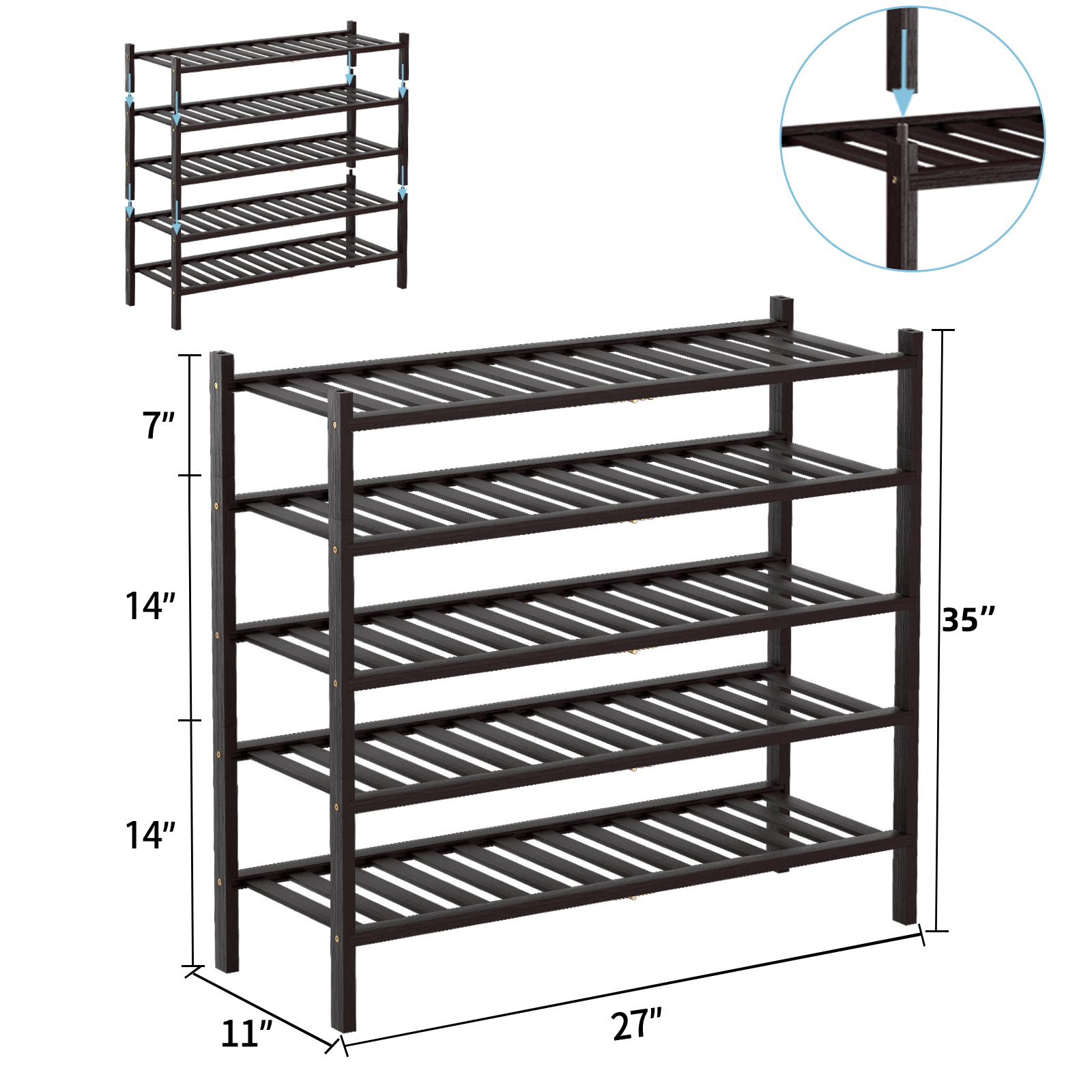 Five layers of brown (three pairs of adult shoes/layer)