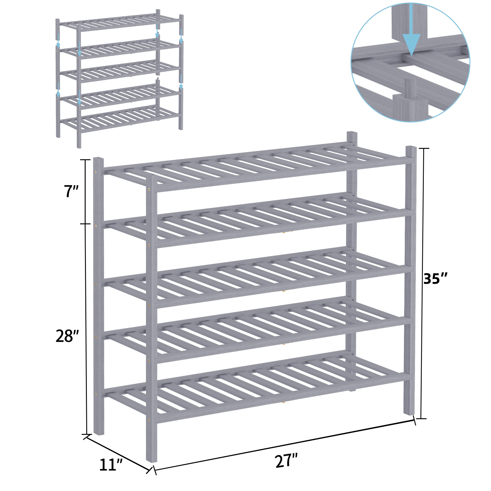 Five layers of gray (three pairs of adult shoes/layer)