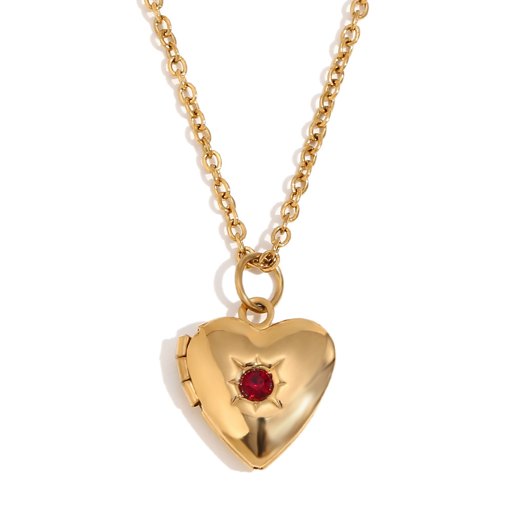 2:February birth stone photo box pendant-gold-2 months dark red