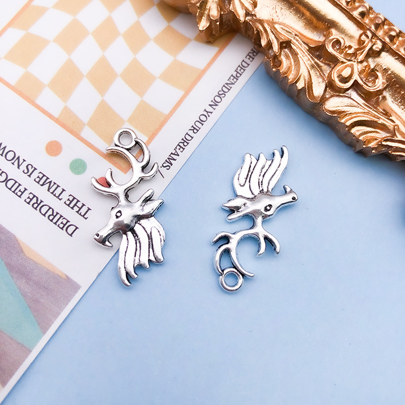 antique silver deer head 12x26mm-11252/1.3g