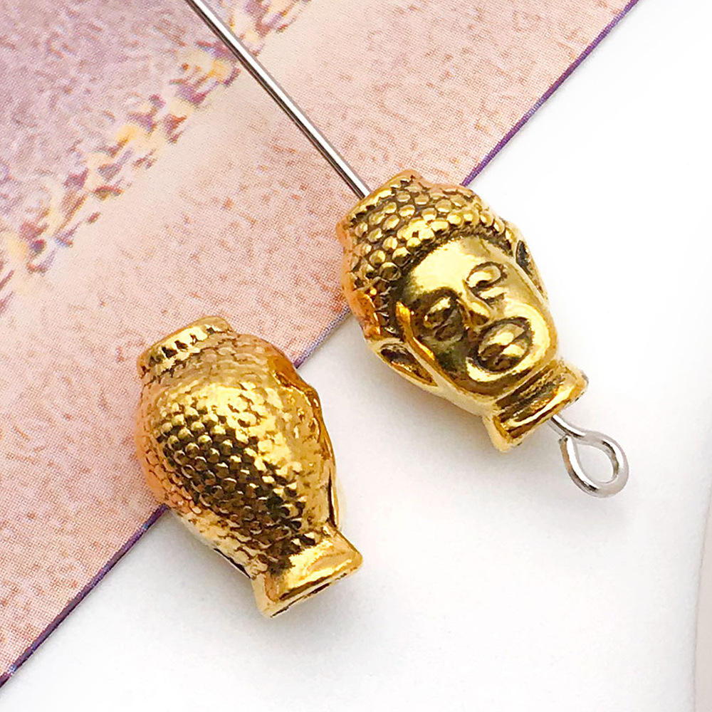 antique gold Buddha head small hole bead vertical
