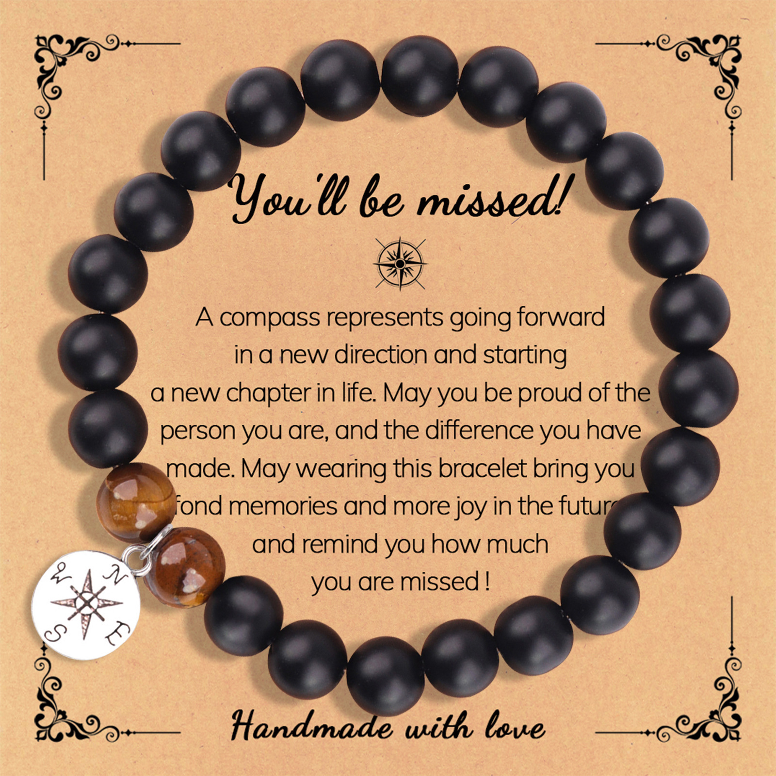 10:Black frosted Tiger Eye Stone Compass pendant missed card