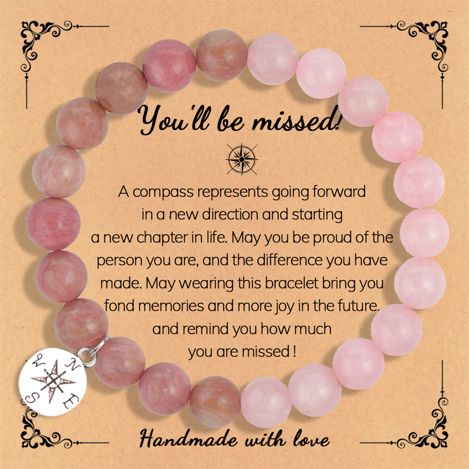11:Pink crystal Rhodochrosite Compass pendant missed card