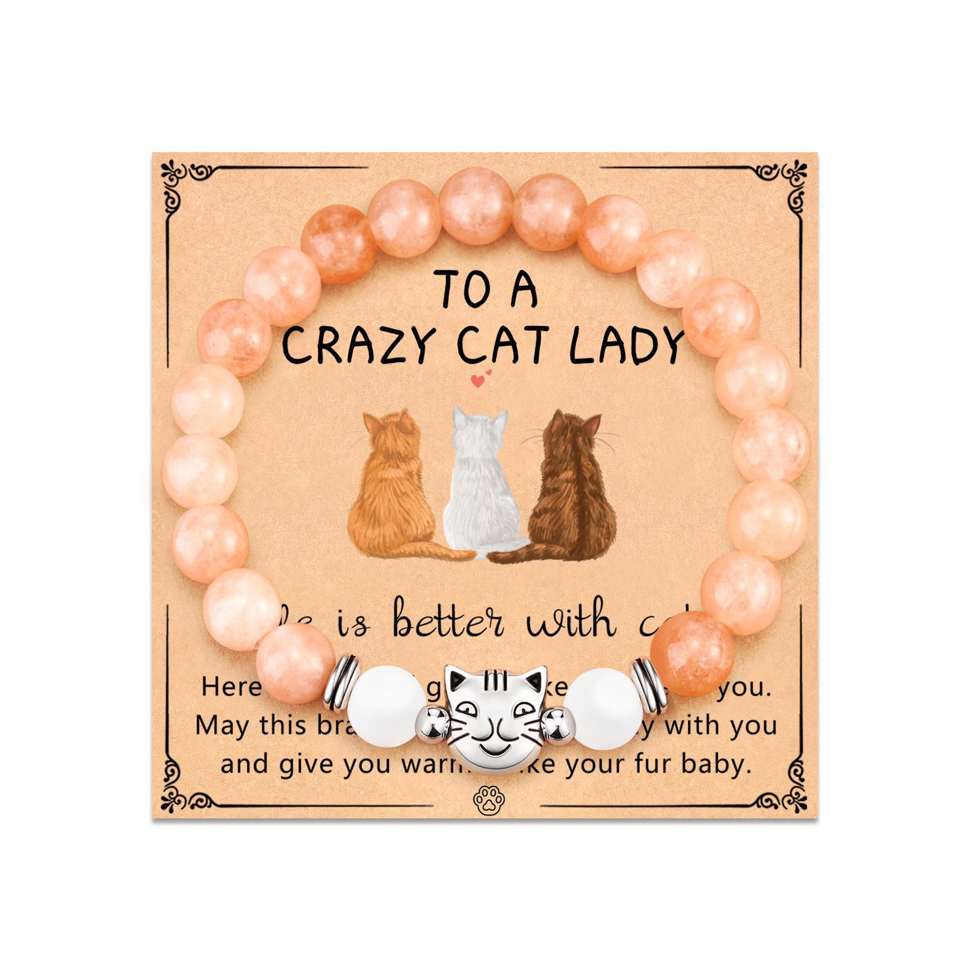 5:Orange CAT head beads   white chalcedony   CAT LADY card