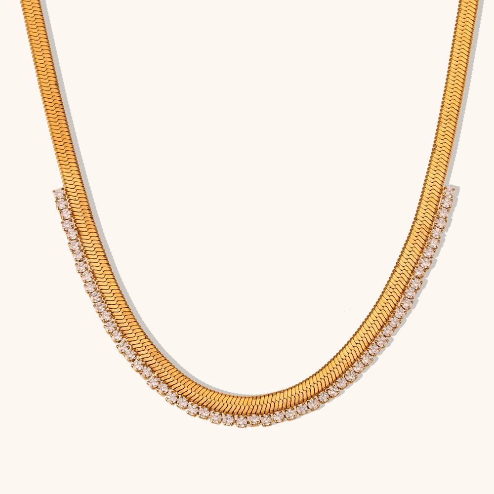 1:Zircon Fishbone stitching necklace-Gold-white diamond