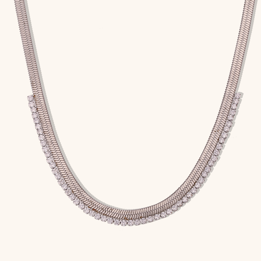 2:Zircon Fishbone stitching necklace-steel color-white diamond