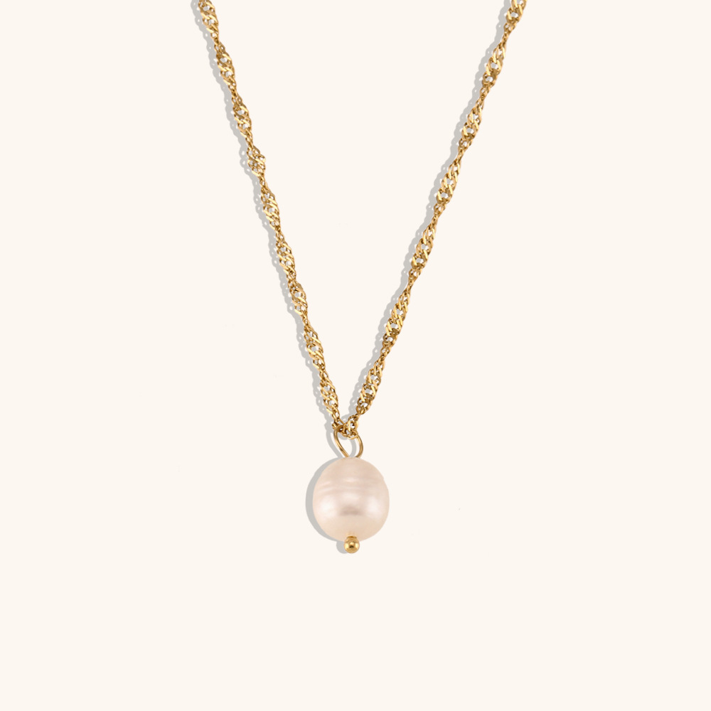 2:Simple Water Wave Chain Freshwater Pearl Pendant Necklace